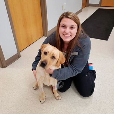 team member with yellow lab
